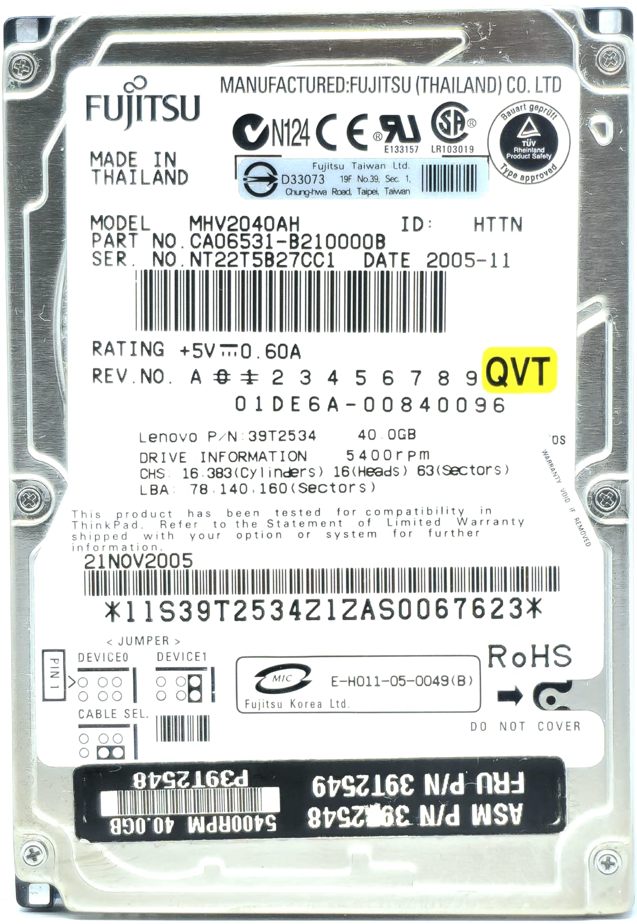 P7214 - 40GB 5.4K RPM IDE PATA ATA 2.5" Laptop Hard Drive