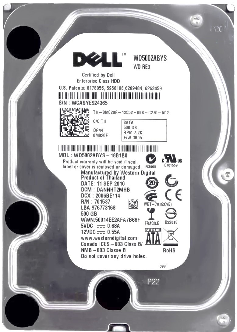 M020F - 500GB 7.2K RPM SATA 3.5" Hard Drive