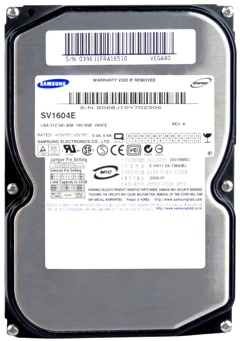 Samsung SV1604E - 160GB 7.2K RPM IDE PATA 3.5" LFF Desktop Hard Drive Samsung SV1604E - 160GB 7.2K RPM IDE PATA 3.5" LFF Desktop Hard Drive