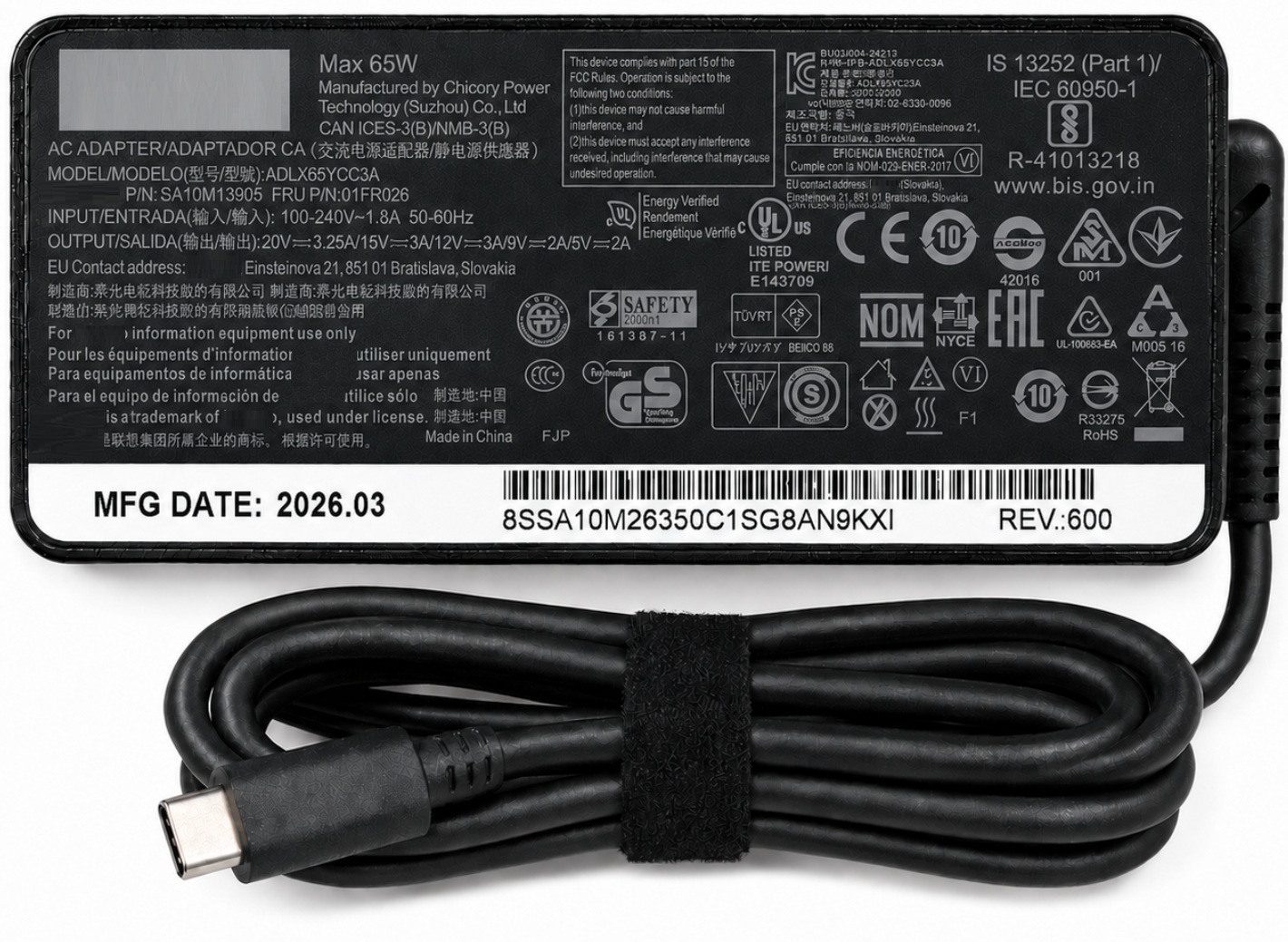 01FR028 - 65W USB Type-C AC Adapter Charger for ThinkPad X1 Carbon L380 L480 L580 Chromebook C330 C630 C930 Yoga C930 C940 720 730 910 920