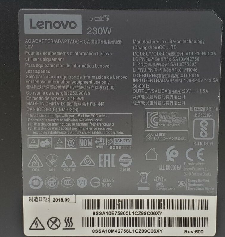 4X20E75120 - 230W 20V 11.5A Slim Yellow Square Tip AC Adapter Charger for ThinkPad P50 P51 P52 P53 P70 P71 P72 P73