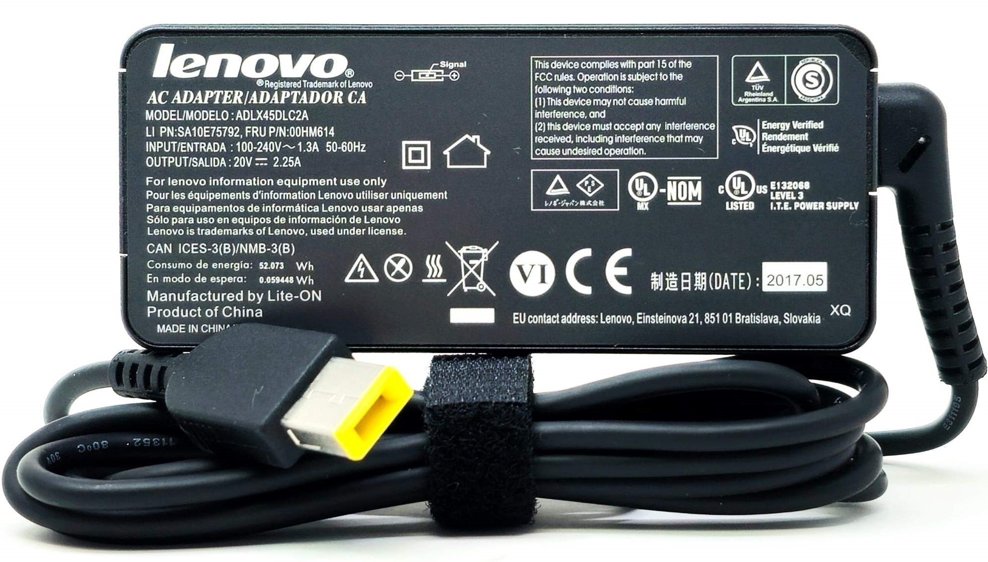 45N0290 - 45W 20V 2.25A Slim Yellow Square Tip AC Adapter