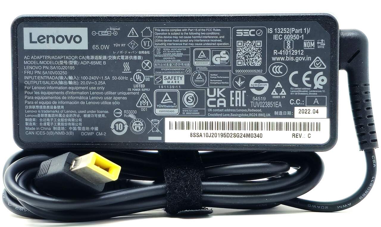 45N0266 - 65W 20V 3.25A Slim Yellow Square Tip AC Adapter for IdeaPad ThinkPad Yoga