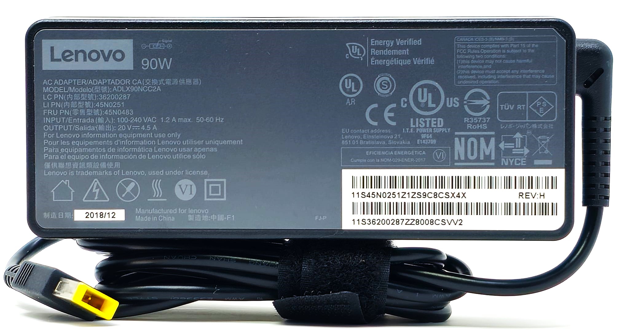 54Y8966  - 90W 20V 4.5A Slim Yellow Square Tip AC Adapter for IdeaPad ThinkPad Yoga X1 Carbon