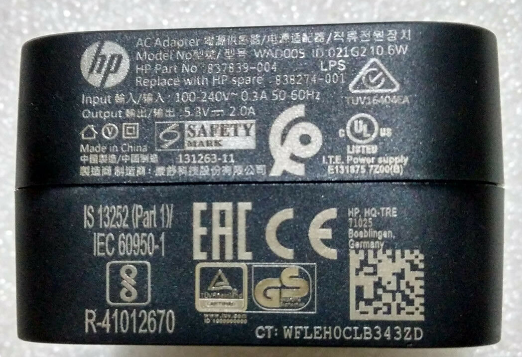 HP 743820-001 - Non-Smart AC adapter (10W, wall-mount) - USB 2.0 type-B connector - Non-Power Factor Correcting (nPFC) Part 743820-001 838274-001