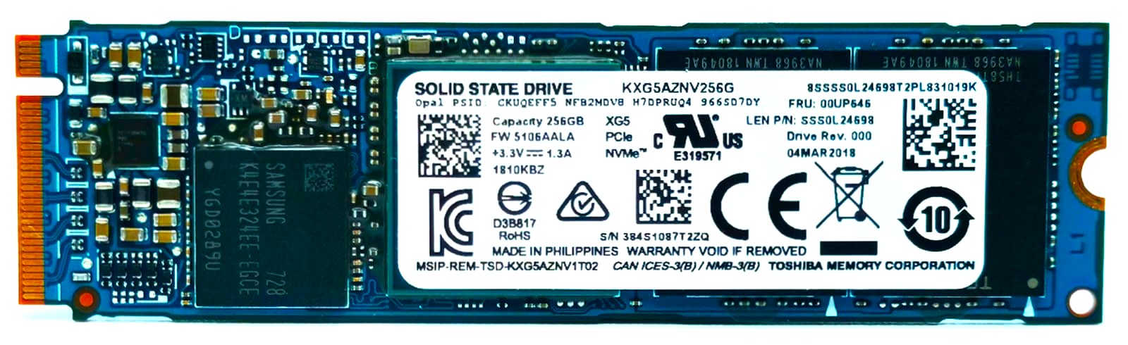 Toshiba KXG50ZNV256G - 256GB M.2 PCIe NVMe 2280 MLC 3D-Nand SSD