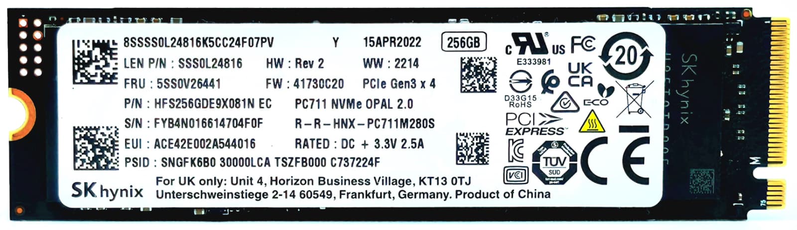 SSS0L25089 - 256GB NVMe PCIe Gen3 x4 M.2 2280 SSD for Latitude XPS Precision HP EliteBook ProBook ThinkPad Ideapad