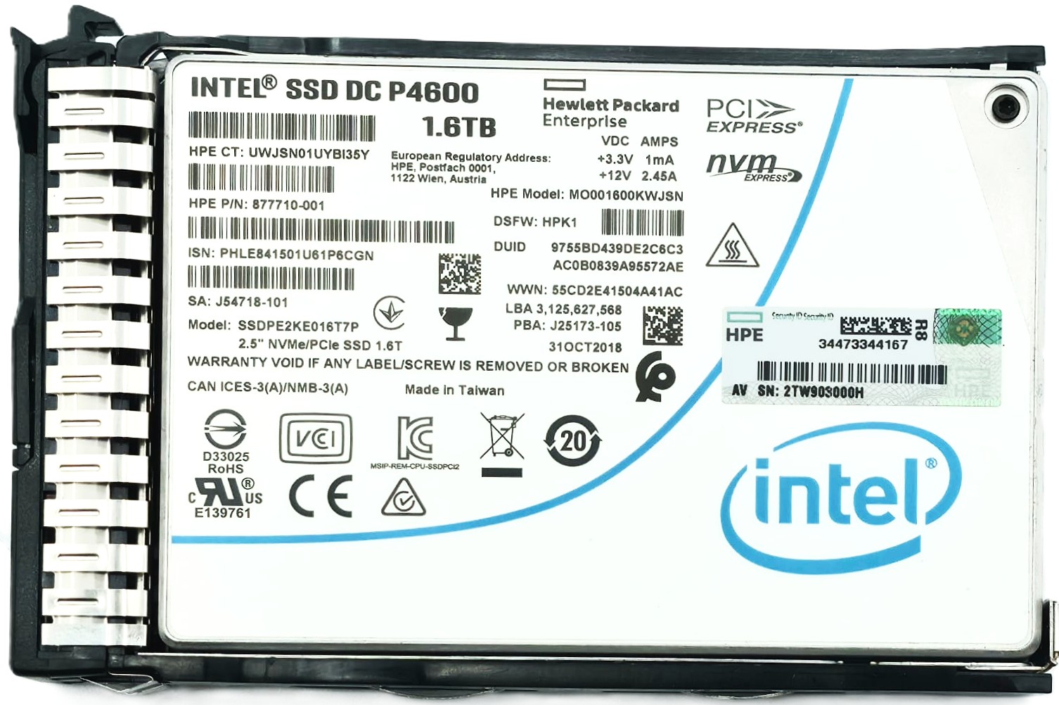 877994-B21 - 1.6TB NVMe PCIe x4 Mixed Use Smart Carrier Digitally Signed 2.5" SFF Enterprise Server SSD