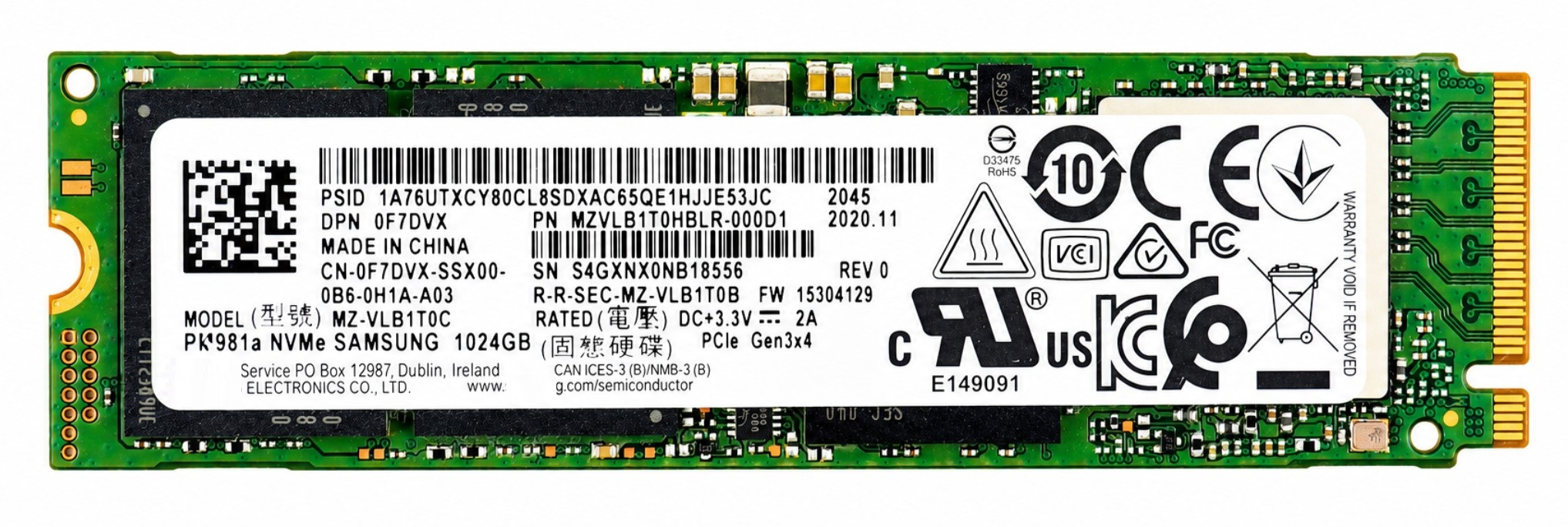 N6WKK - 1TB M.2 2280 NGFF PCIe NVMe Gen3x4 Solid State SSD