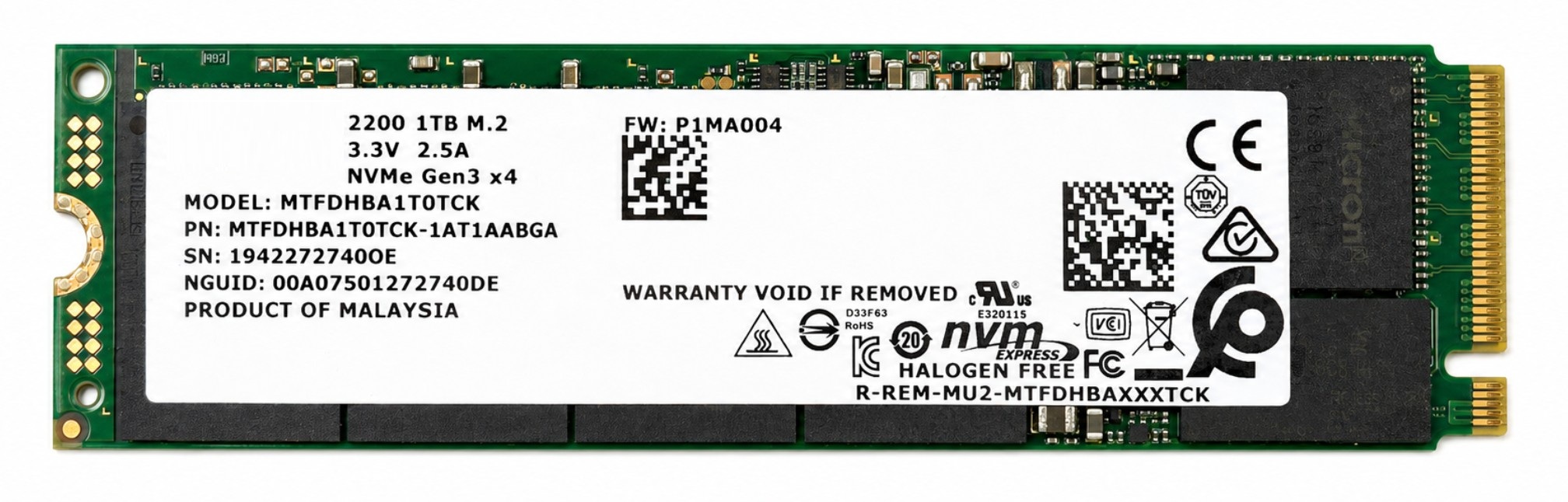 Micron MTFDHBA1T0TCK - 1TB M.2 2280 NGFF PCIe NVMe Gen3x4 Solid