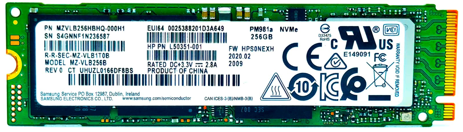 Samsung MZ-VPV256D - 256GB NVMe PCIe Gen3 x4 M.2 2280 SSD for Latitude XPS Precision HP EliteBook ProBook ThinkPad Ideapad