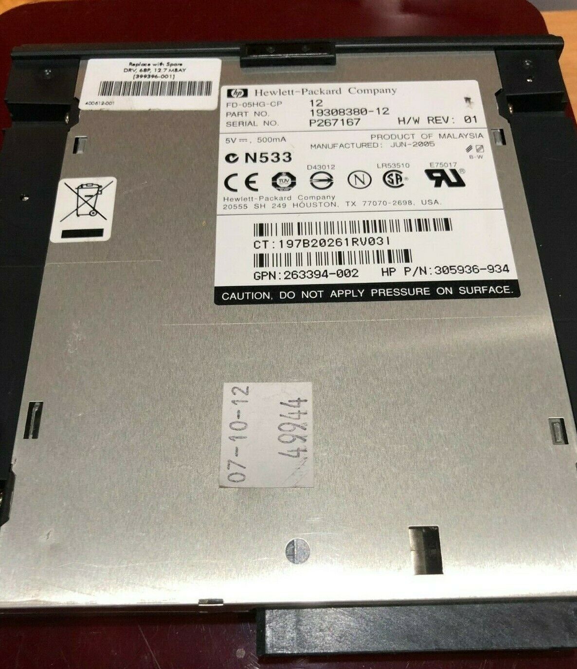 HP 263394-002 - 68-P 12.7mm Multibay 1.44MB 3.5" Slimline Floppy Disk Drive FDD for ProLiant DL360 G4 DL580