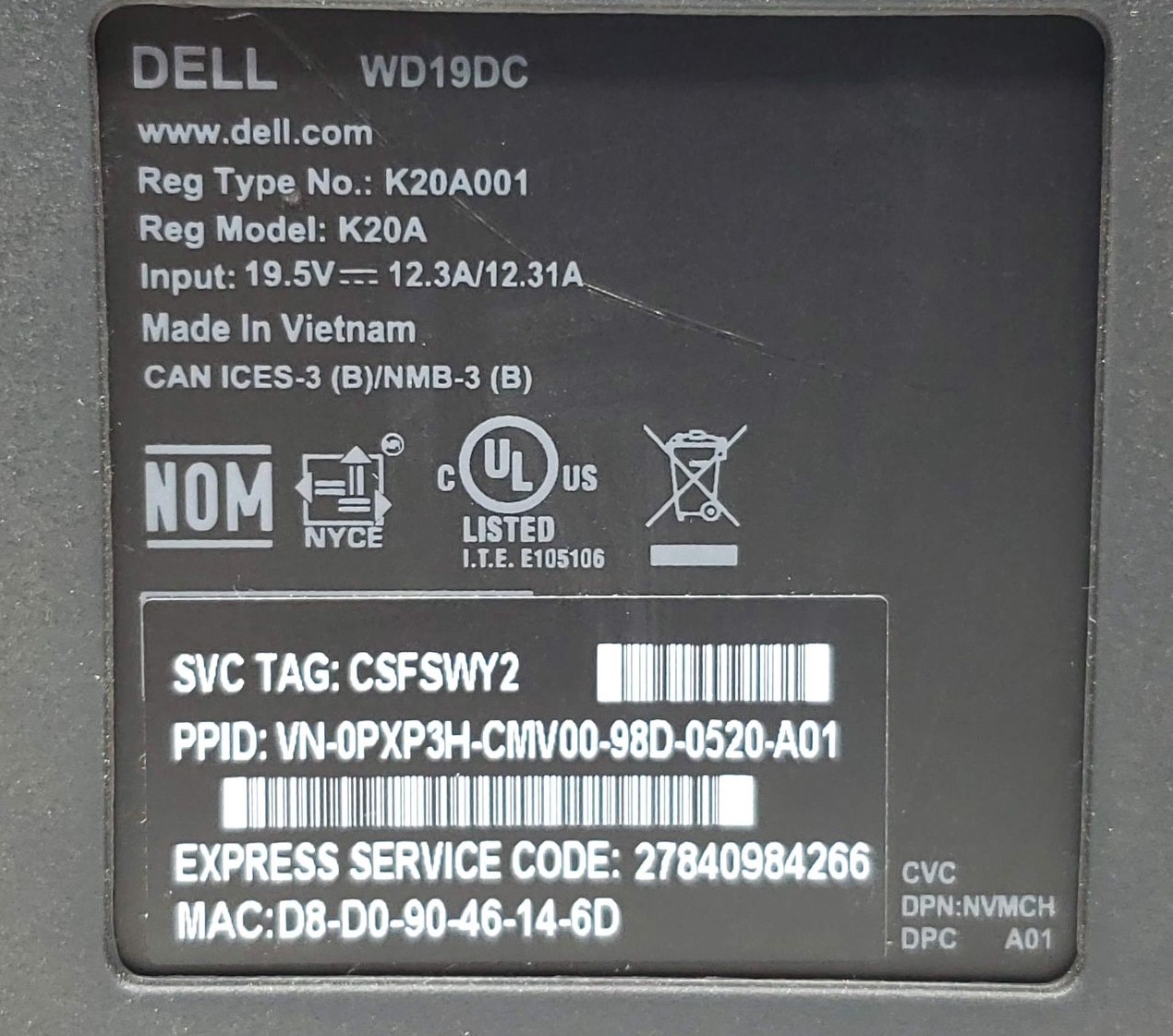 MNNJY - WD19DC K20A001 K20A WD19 Performance Dock Docking Station with 240W AC Adapter