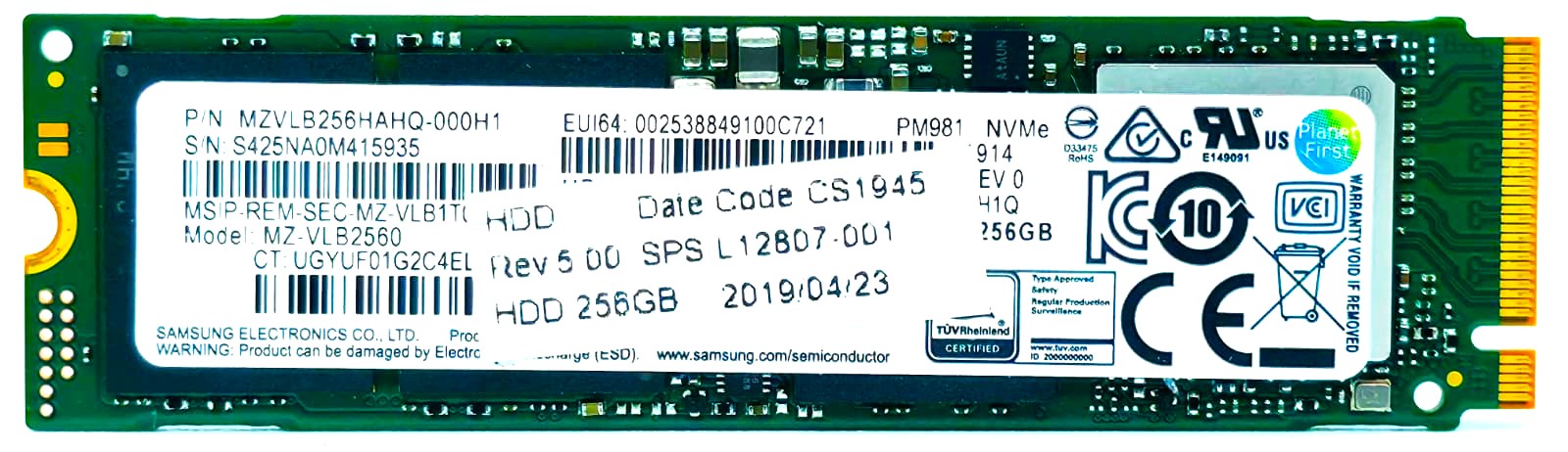Samsung MZVLQ256HAJD-00007 - 256GB NVMe PCIe Gen3 x4 M.2 2280 SSD