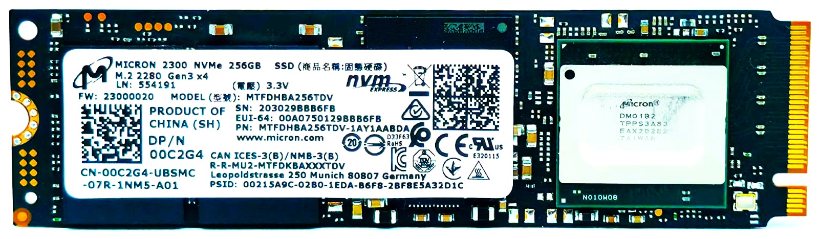 Micron MTFDHBA256TCK-1AS1AABHA - 256GB NVMe PCIe Gen3 x4 M.2 2280 SSD for Latitude XPS Precision HP EliteBook ProBook ThinkPad Ideapad