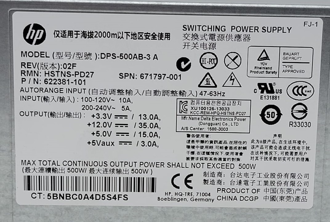 HPE HSTNS-PD27 -00F - 500W Power Supply for HPE ProLiant DL160 G8