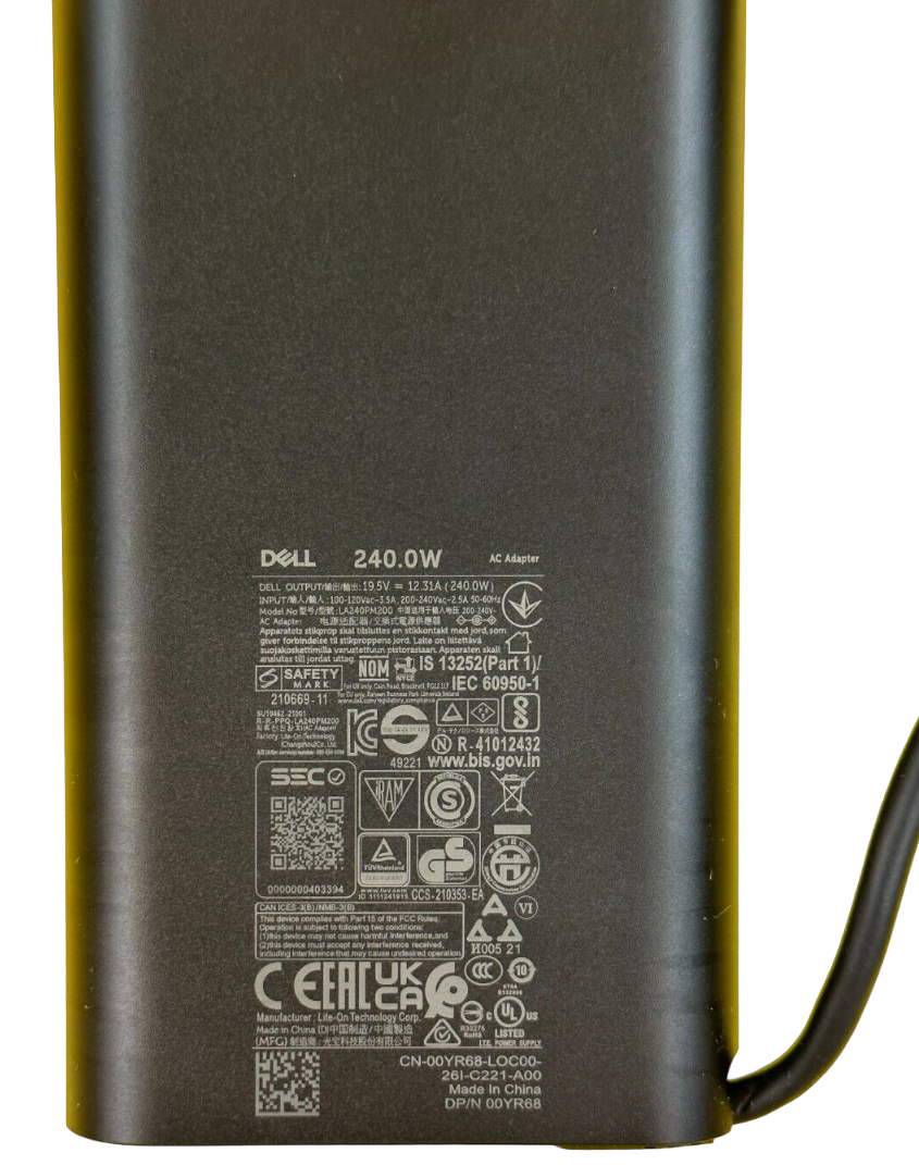 0YR68 - Slim GaN 240W 19.5V 12.3A 5.0mm Smart Tip AC Adapter Charger for Alienware x15 R1 M15 M17x M18x Precision M6600 M6700 M6800