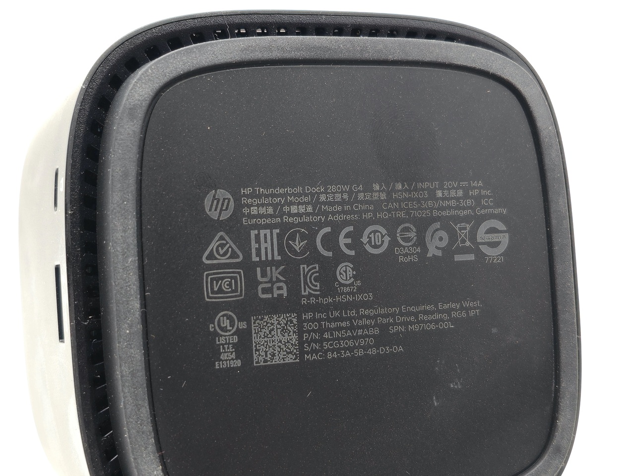 HP Thunderbolt Dock 280W G4 USB-C with Combo Cable 4J0G4AA#ABA 4J0G4AA#ABU 4L1N5AV#ABB M97106-001 - BOTTOM PART NUMBERS