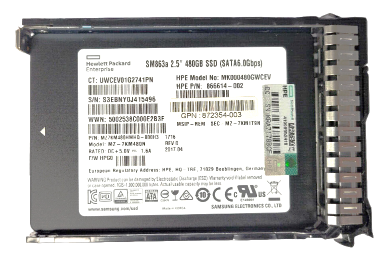 HPE 872518-001 - 480GB 6G SATA MLC SM863a 2.5" Solid State Drive SSD for HP ProLiant Gen8 G8 Gen9 G9 Servers