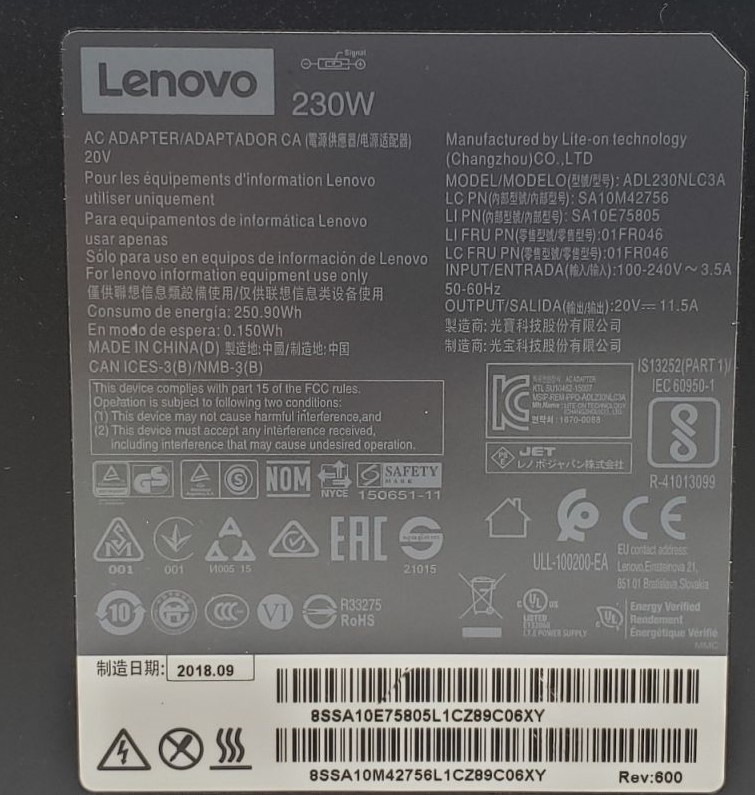 4X20S56713 - 230W 20V 11.5A Slim Yellow Square Tip AC Adapter Charger for ThinkPad P71 P72 P73 Pro Gaming Legion 5 15IMH05H 81Y6003YUS Legion 7i S7 Workstation Gen2 Docks