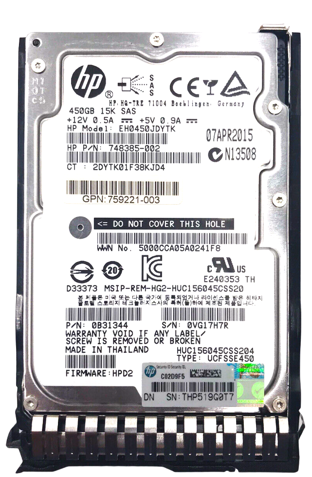 HP 744995-002 - 450GB 15K SC ENT 12G SAS 2.5" Hard Drive for HPE ProLiant DL120 DL160 DL360 DL380 DL580 ML350 G8 G9 G10