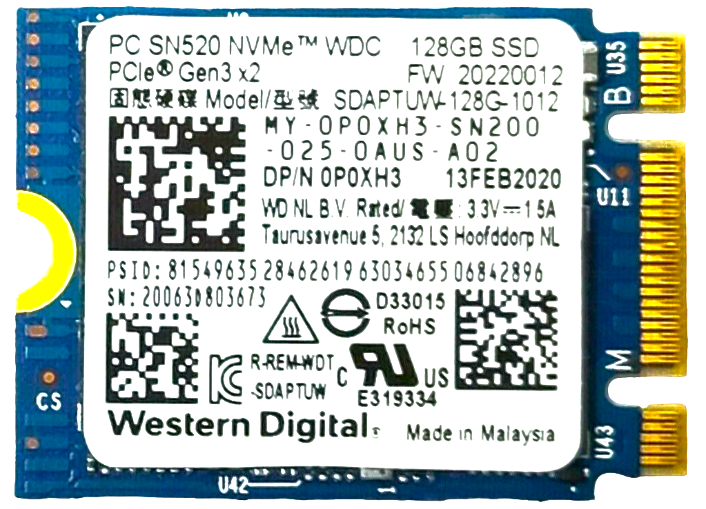 Western Digital SDAPTUW-128G - 128GB PCIe NVMe M.2 2230 Gen3x4 Solid State SSD Drive