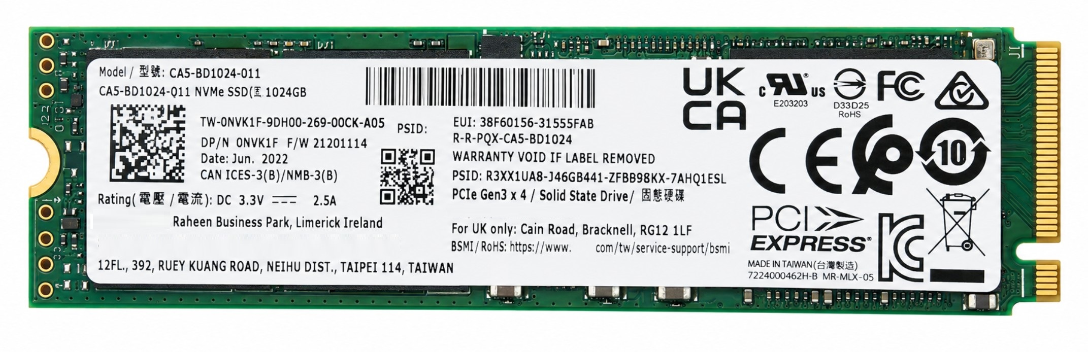 N5VYR - 1TB M.2 2280 NGFF PCIe NVMe Gen3x4 Solid State SSD