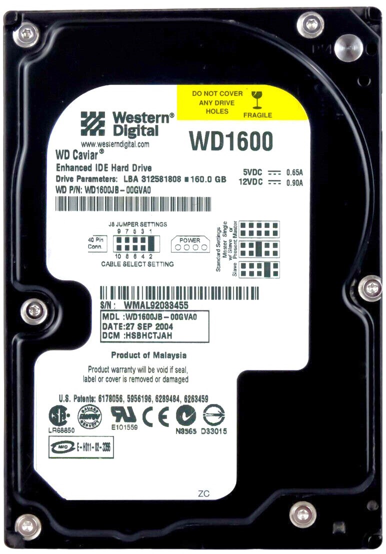 Western Digital WD1600JB-00GVA0 - 160GB 7.2K RPM IDE PATA 3.5" LFF Desktop Hard Drive