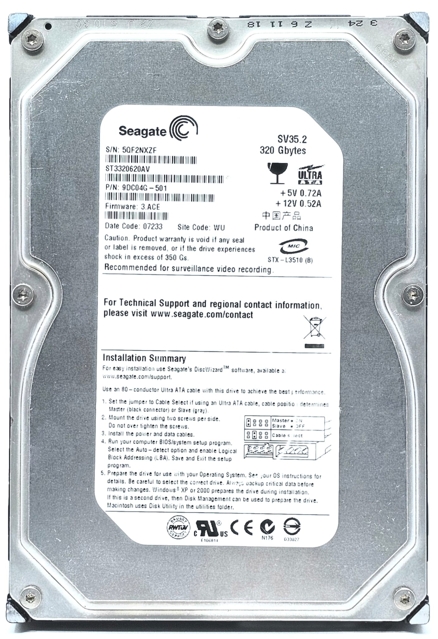 Seagate 9BJ04G-305 - 320GB 7.2K RPM IDE PATA EIDE 3.5" LFF Desktop Hard Drive