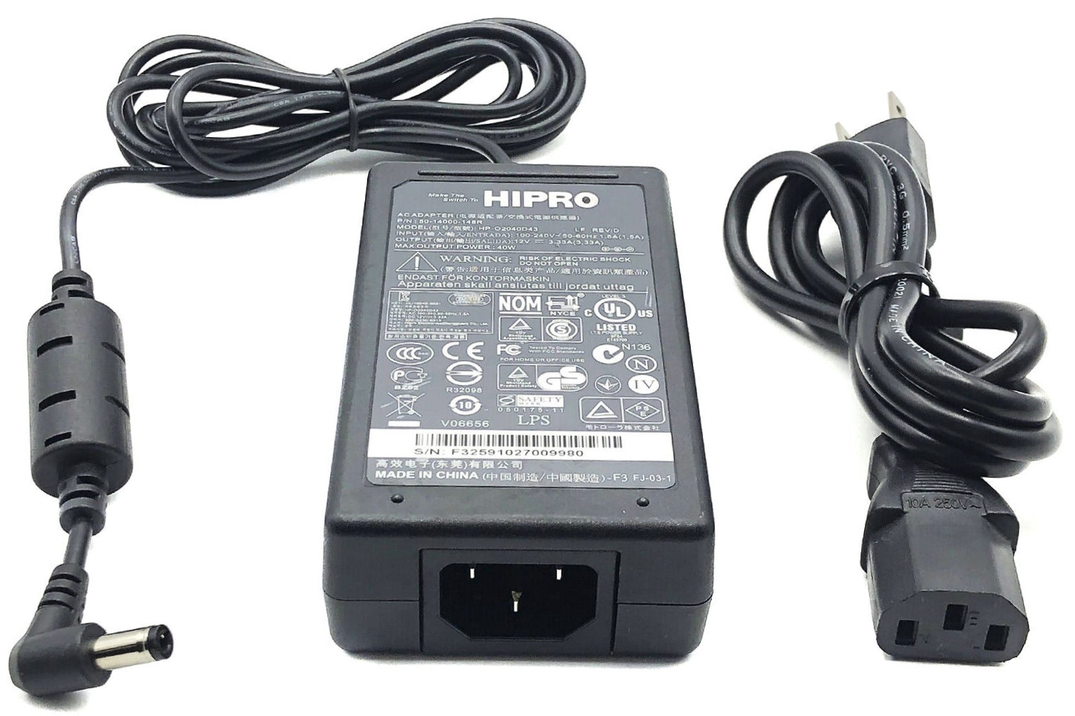 HP-O2040D43 - 40W 12V 3.33A 5.5mm x 2.5mm Tip AC Adapter Charger for S2230MX S2330MX S2240L S2240Lc S2240M S2240Mc S2240T S2240Tb S2340M / Wyse Thin Clients and OptiPlex Micro / AIO