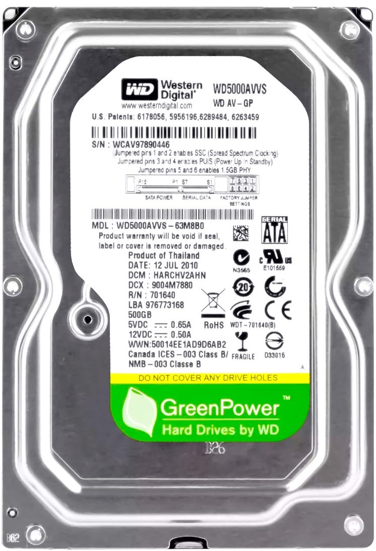 Western Digital WD5000AVVS-63ZWB0 - 500GB 7.2K RPM SATA 3.5