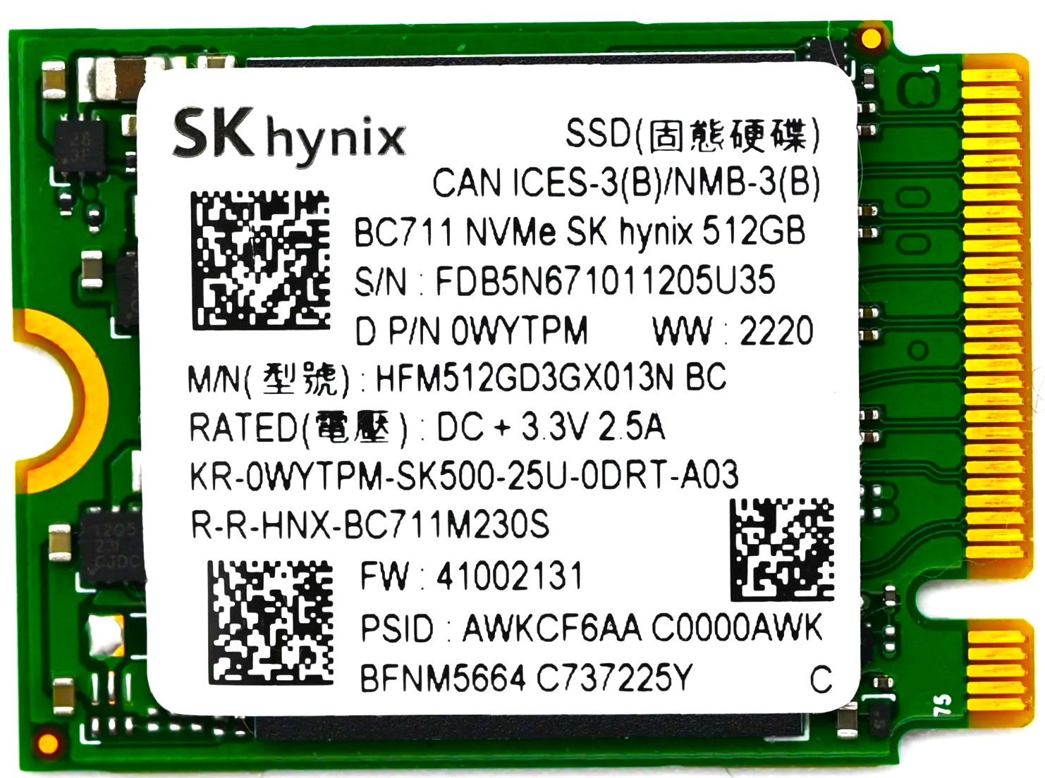 WYTPM - 512GB PCIe NVMe M.2 2230 Gen3x4 Solid State SSD