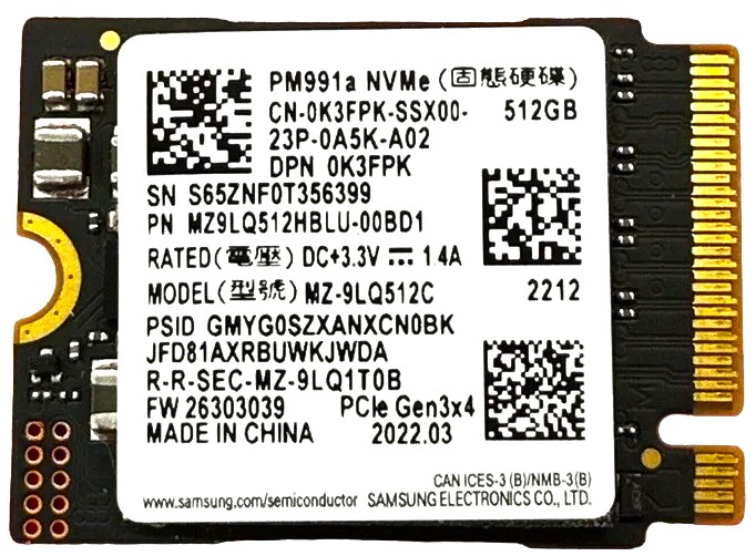 K3FPK - 512GB PCIe NVMe M.2 2230 Gen3x4 Solid State SSD