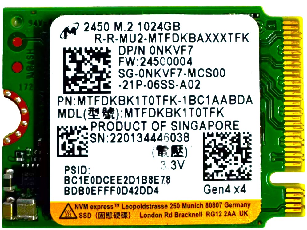 Micron MTFDKBK1T0QFM - 1TB PCIe NVMe M.2 2230 Gen4x4 Solid State SSD