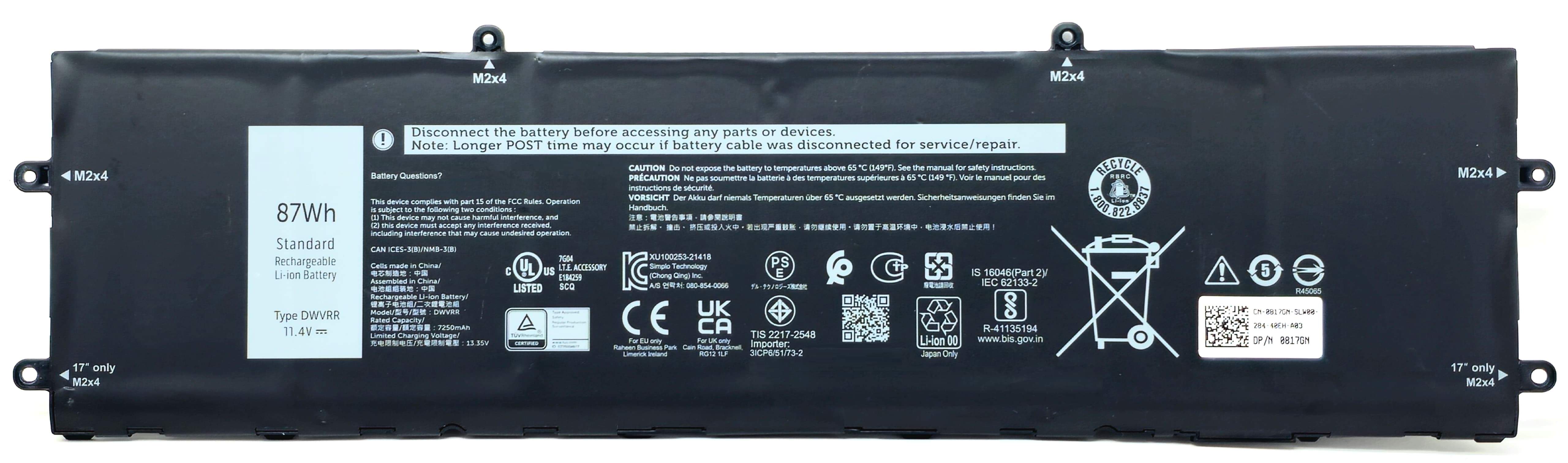 DWVRR - 6-Cell 87Wh 11.4V 7250mAh Replacement Battery for Alienware X15 X17 R1 Inspiron 16 7620 2-in-1 P111F