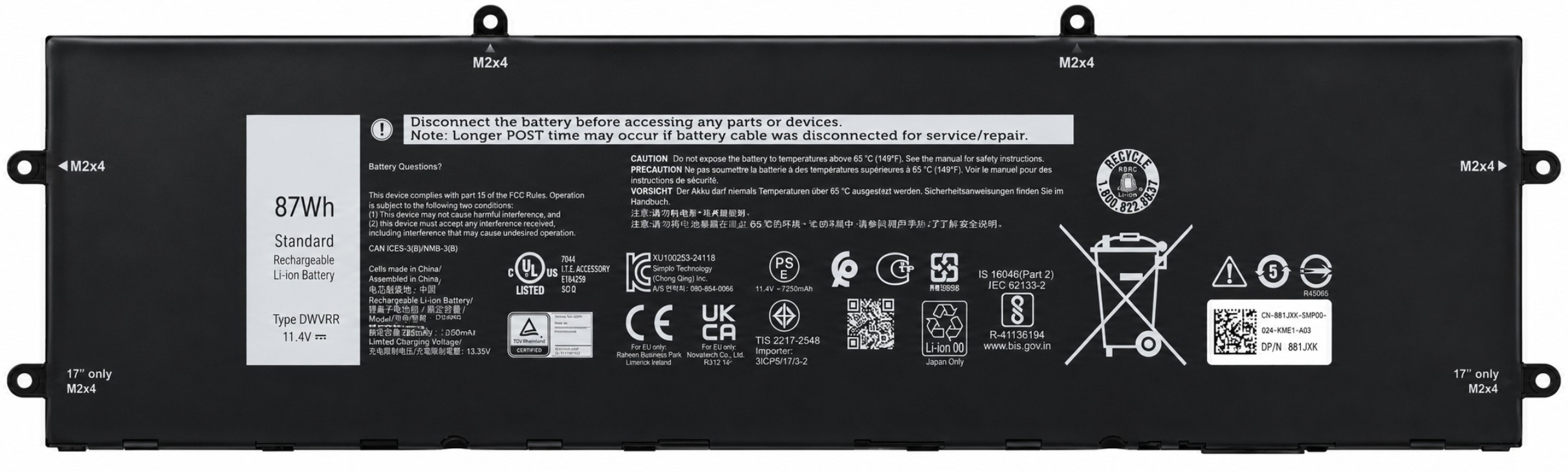 NR6MH - 6-Cell 87Wh 11.4V 7250mAh Replacement Battery for Alienware X15 X17 R1 Inspiron 16 7620 2-in-1 P111F