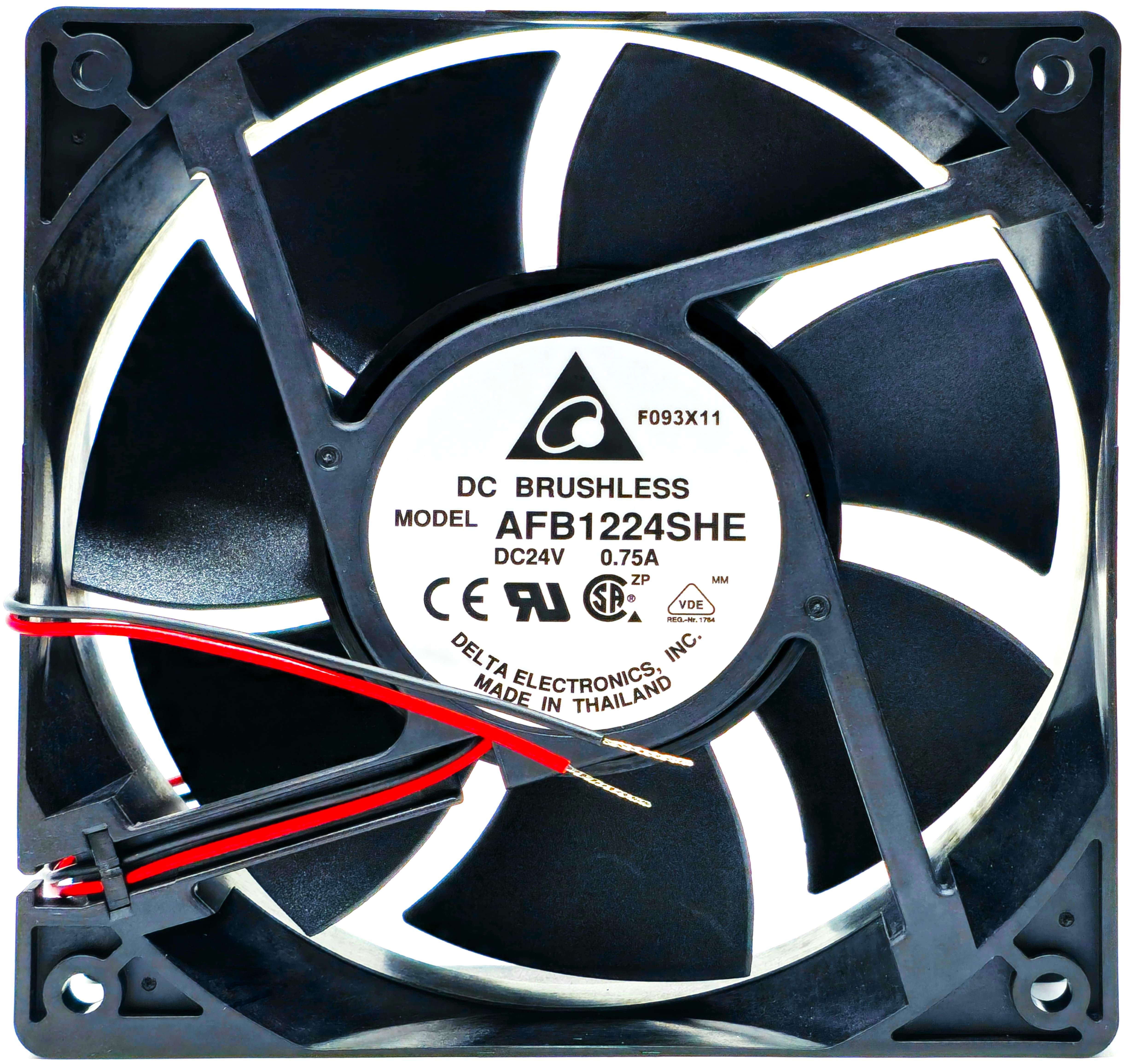 Delta AFB1224SHE - 120x120x38mm 12038 DC24V 0.75A 18W 2-Lead Wires Ball Bearing Tubeaxial Cooling Fan Delta AFB1224SHE - 120x120x38mm 12038 DC24V 0.75A 18W 2-Lead Wires Ball Bearing Tubeaxial Cooling Fan
