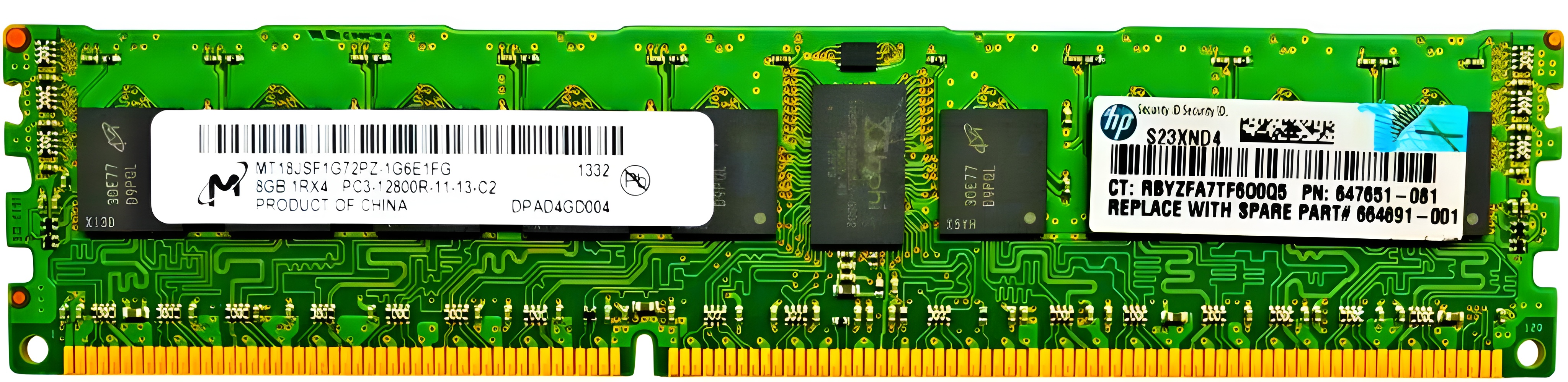MT18JSF1G72PZ-1G6D1FF - 8GB 1Rx4 PC3-12800R DDR3-1600 ECC Registered RDIMM Server Memory