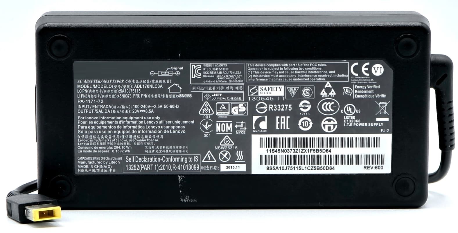 45N0372 - 170W 20V 8.5A Yellow Slim Tip AC Adapter Charger for Legion 14 15 17 Y7000 R720 P1 P50 P51 P52 P53 P70 P71