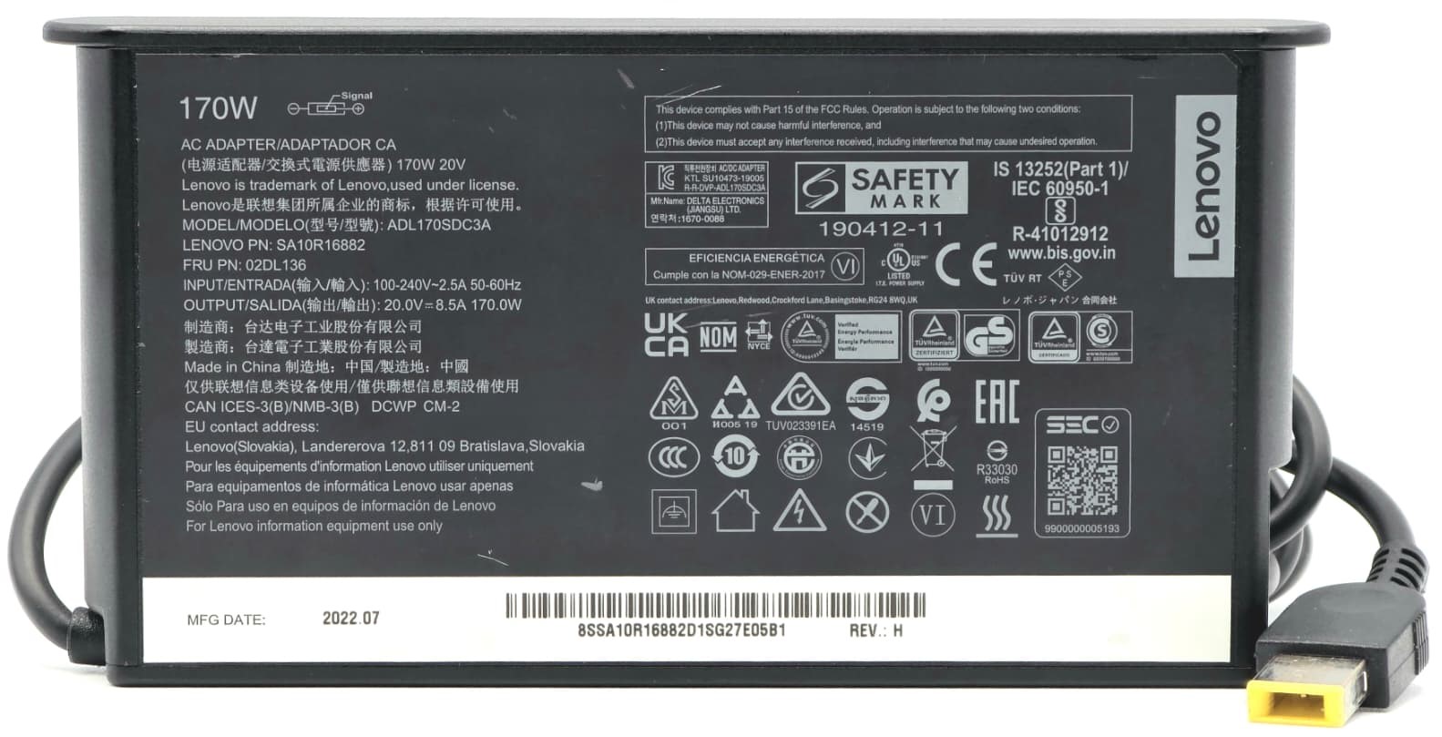 ADL170SDC3A - 170W 20V 8.5A Yellow Slim Tip AC Adapter Charger for Legion 14 15 17 Y7000 R720 P1 P50 P51 P52 P53 P70 P71