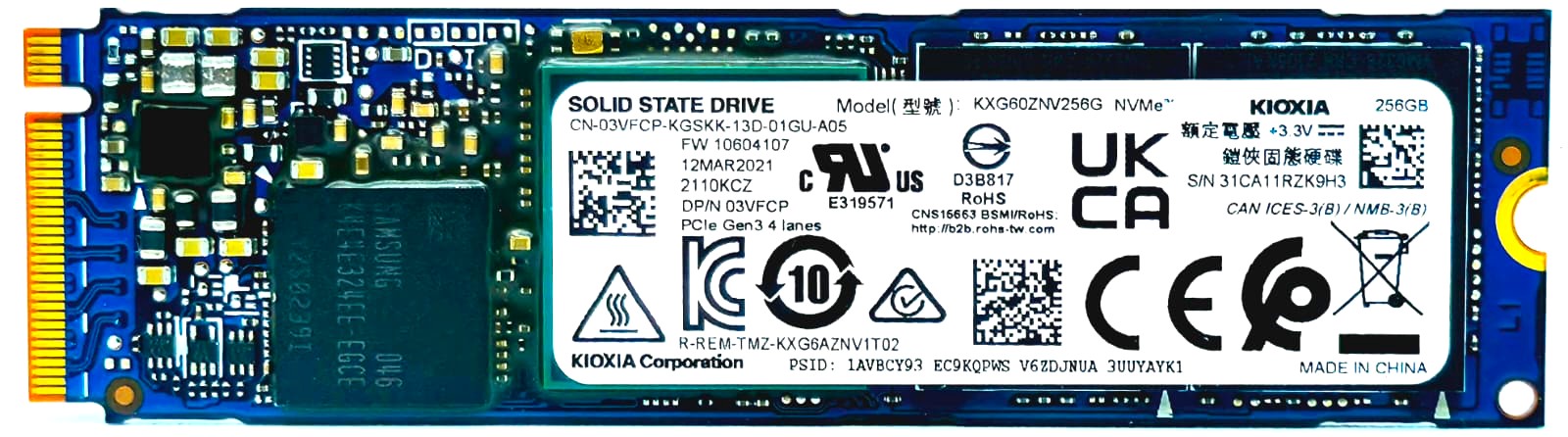 KXG6AZNV256G - 256GB NVMe PCIe Gen3 x4 M.2 2280 SSD for Latitude XPS Precision HP EliteBook ProBook ThinkPad Ideapad