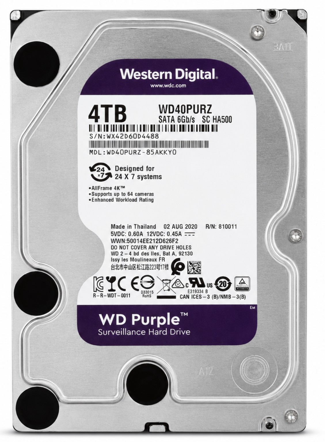 WD40PURZ-85TTDY0 - 4TB 5.4K RPM 64MB Cache 3.5" SATA 6Gb/s Hard Drive for Desktop / NAS / DVR / NVR / Surveillance Systems
