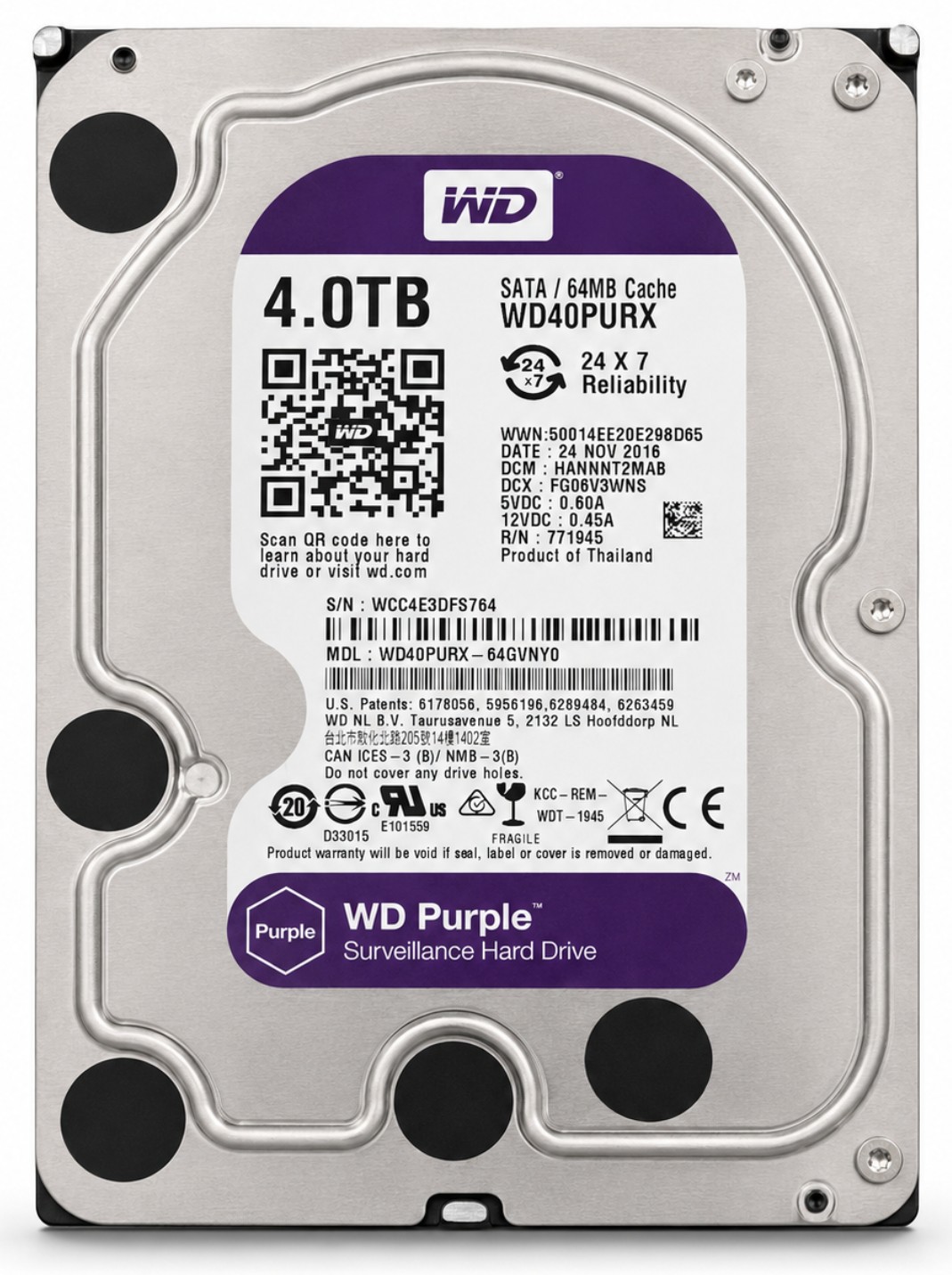 WD40PURX-64AKYY0 - 4TB 5.4K RPM 64MB Cache 3.5" SATA 6Gb/s Hard Drive for Desktop / NAS / DVR / NVR / Surveillance Systems