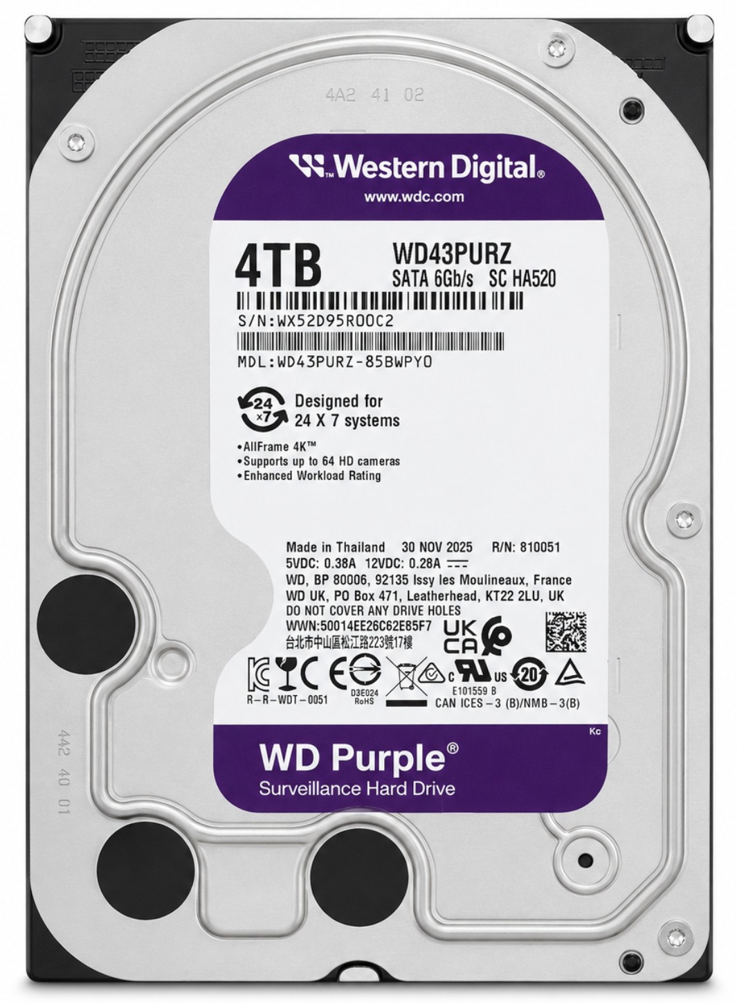 WD43PURZ-74BWPY0 - 4TB 5.4K RPM 64MB Cache 3.5" SATA 6Gb/s Hard Drive for Desktop / NAS / DVR / NVR / Surveillance Systems