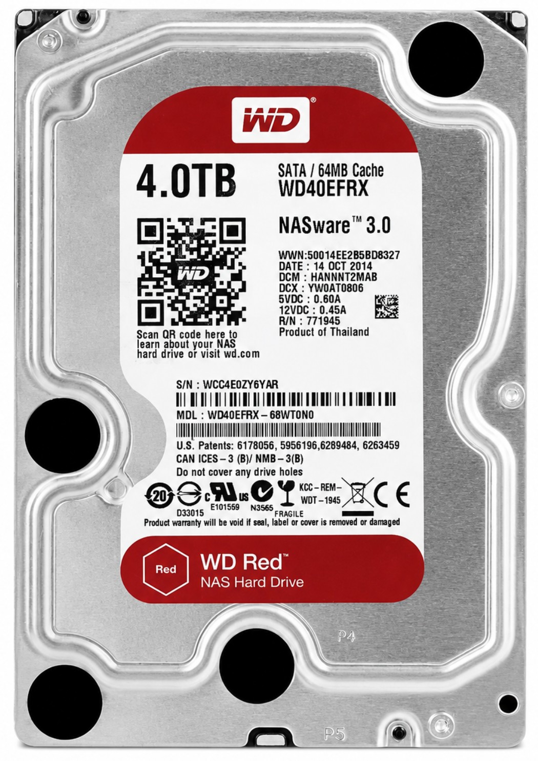 WD40EFRX-68N32N0 - 4TB 5.4K RPM 64MB Cache 3.5" SATA 6Gb/s Hard Drive for Desktop / NAS / DVR / NVR / Surveillance Systems