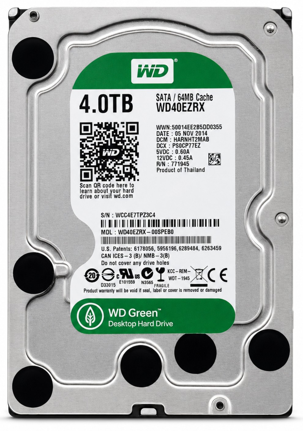 WD40EZRX-22SPEB0 - 4TB 5.4K RPM 64MB Cache 3.5" SATA 6Gb/s Hard Drive for Desktop / NAS / DVR / NVR / Surveillance Systems