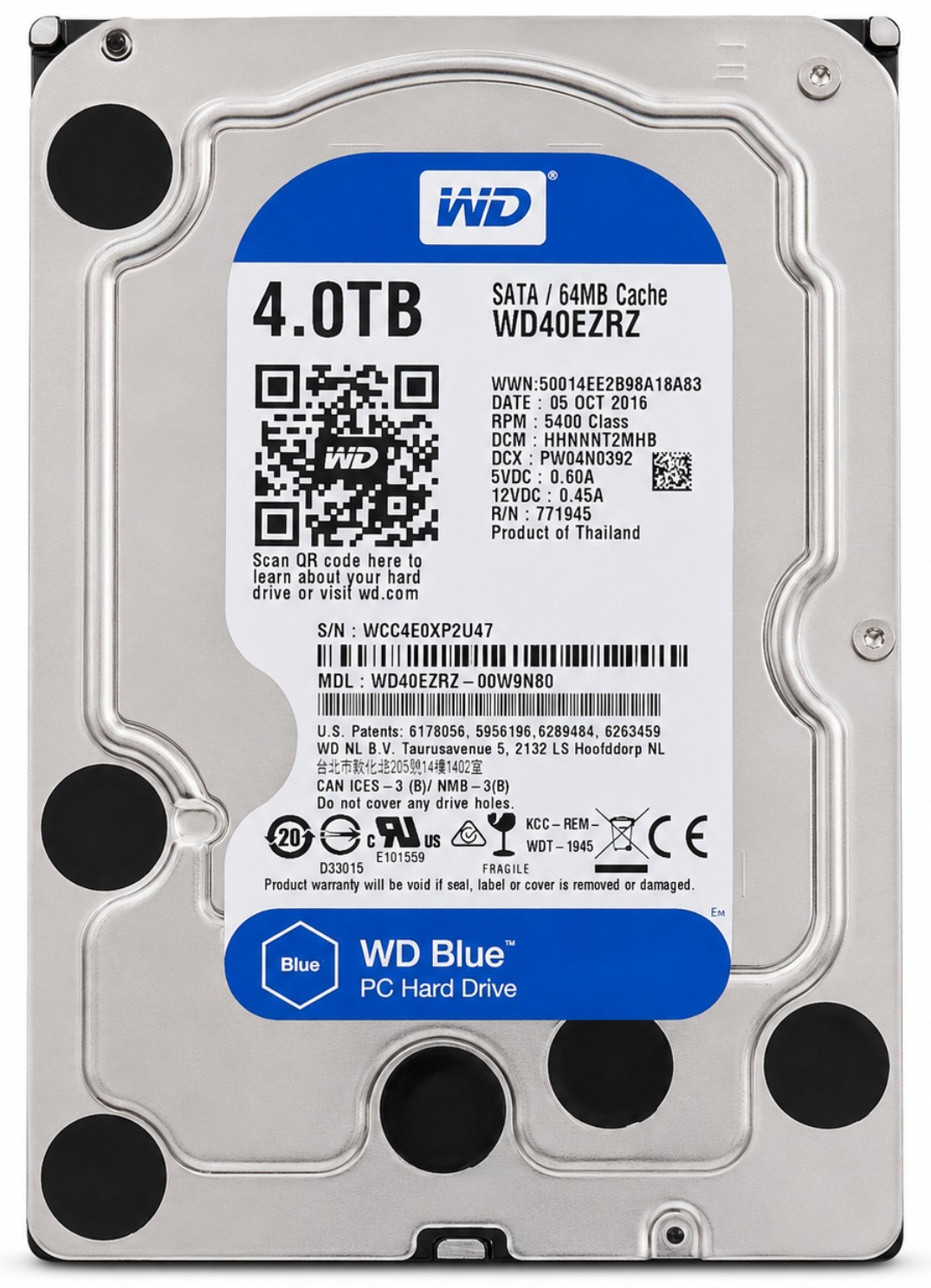 WD40EZRZ-22GXCB0 - 4TB 5.4K RPM 64MB Cache 3.5" SATA 6Gb/s Hard Drive for Desktop / NAS / DVR / NVR / Surveillance Systems
