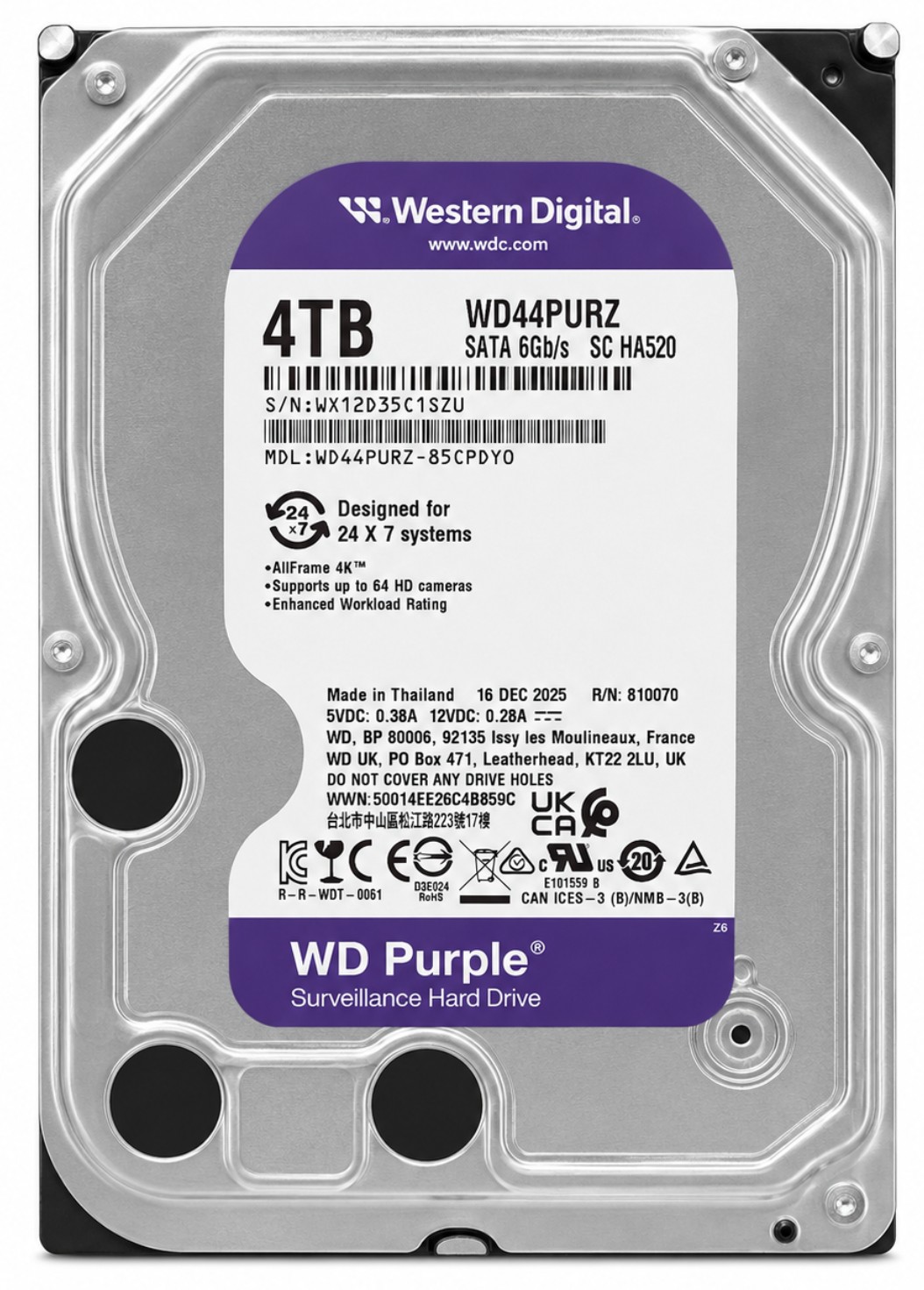 WD44PURZ-85CPDY0 - 4TB 5.4K RPM 128MB Cache 3.5" SATA 6Gb/s Hard Drive for Desktop / NAS / DVR / NVR / Surveillance Systems