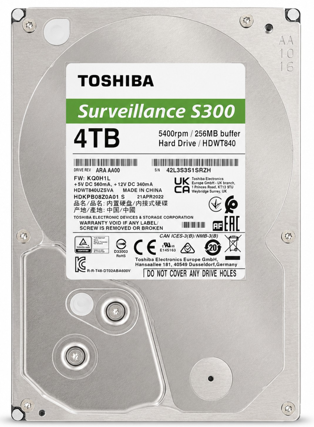 HDKPB08Z0A01 - 4TB 5.4K RPM 256MB Cache 3.5" SATA 6Gb/s Hard Drive for Desktop / NAS / DVR / NVR / Surveillance Systems