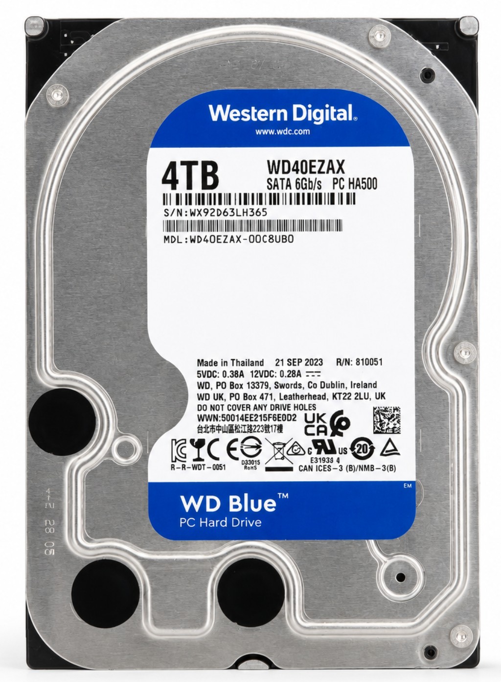 WD40EZAX-22C8UB0 - 4TB 5.4K RPM 256MB Cache 3.5" SATA 6Gb/s Hard Drive for Desktop / NAS / DVR / NVR / Surveillance Systems